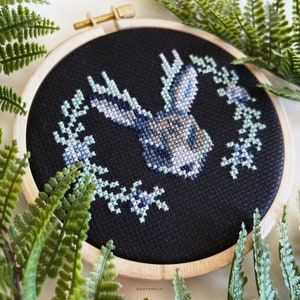 Jackalope Cross Stitch Pattern PDF - Mystical Horned Hare with Plant Ornaments Embroidery Design, Folklore Mythical Animal, Magical Rabbit