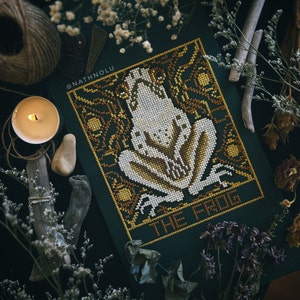 Witchy embroidery art inspired by the mystical Frog Tarot