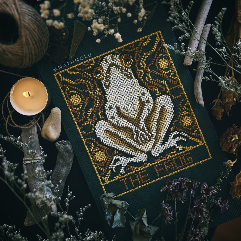 Witchy embroidery art inspired by the mystical Frog Tarot