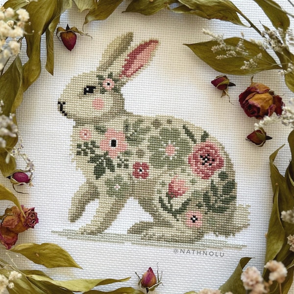 Flower Spring Rabbit Cross Stitch Pattern PDF - Instant Download, Floral Bunny Embroidery, Hare Pets, Cute Farm Animals, Cottagecore, Easter