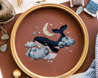 Blue Whale and Moon Cross Stitch Pattern PDF - Instant Download - Cute Sea Creatures, Ocean Animals, Magic Night Clouds, Nautical Embroidery