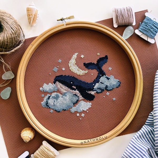 Blue Whale and Moon Cross Stitch Pattern PDF - Instant Download - Cute Sea Creatures, Ocean Animals, Magic Night Clouds, Nautical Embroidery