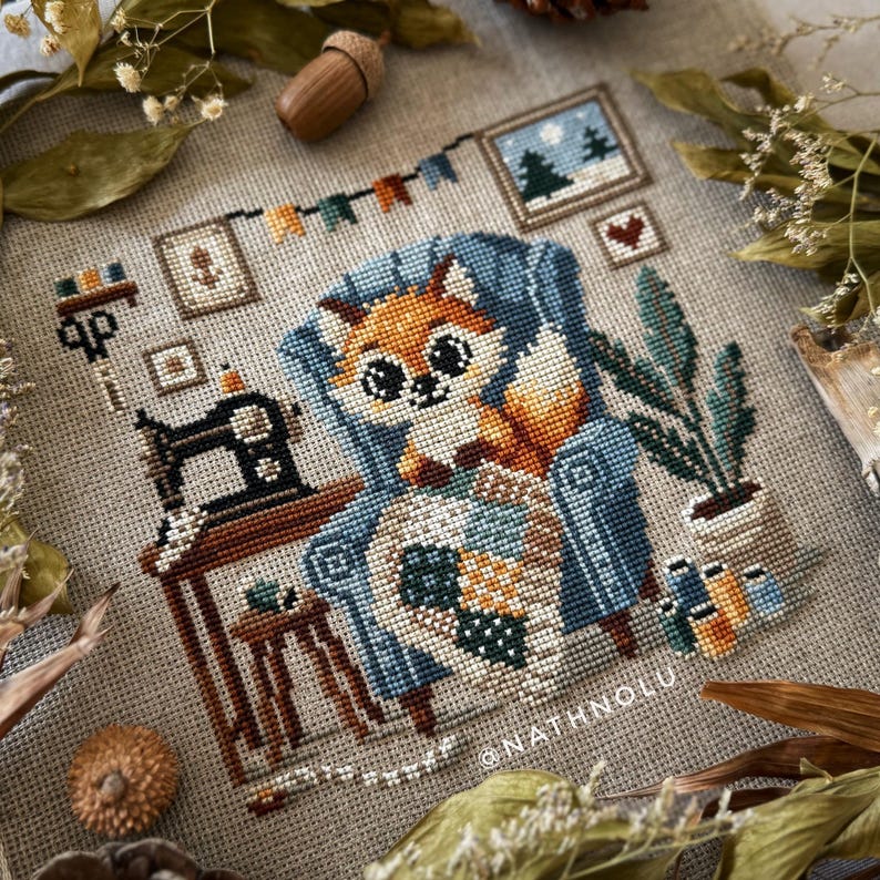 Warm cozy sewing scene with a fox quilting surrounded by soft patchwork elements.