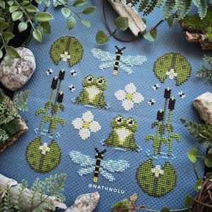 Cozy Frogs Swamp Sampler Cross Stitch Pattern PDF - Instant Download, Whimsical Toads Pond, Froggy Embroidery, Water Lilies, Dragonfly, Bugs
