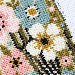 Nature cross stitch pattern of a charming woodland songbird, a perfect mix of floral and bird embroidery for handmade gifts