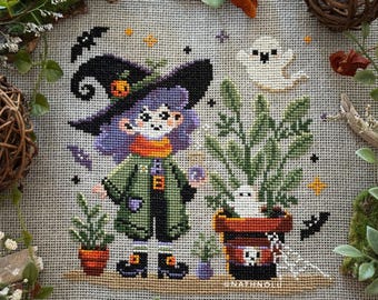 Patrón de punto de cruz de bruja vegetal (PDF), descarga instantánea, diseño de bordado de Halloween, jardín gótico, poción morada, fantasma, murciélago, calavera de calabaza