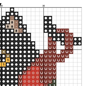 May include: Cross stitch pattern featuring a red, orange, and brown bird with black eyes. The bird is surrounded by black, white, and brown squares.
