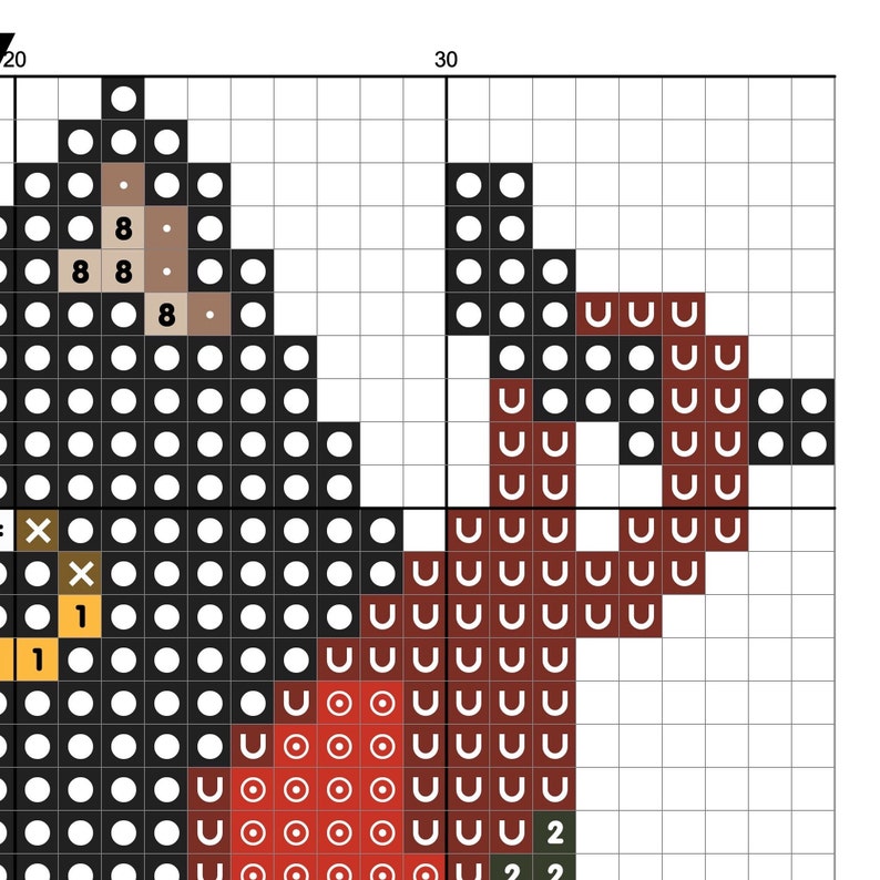 May include: Cross stitch pattern featuring a red, orange, and brown bird with black eyes. The bird is surrounded by black, white, and brown squares.