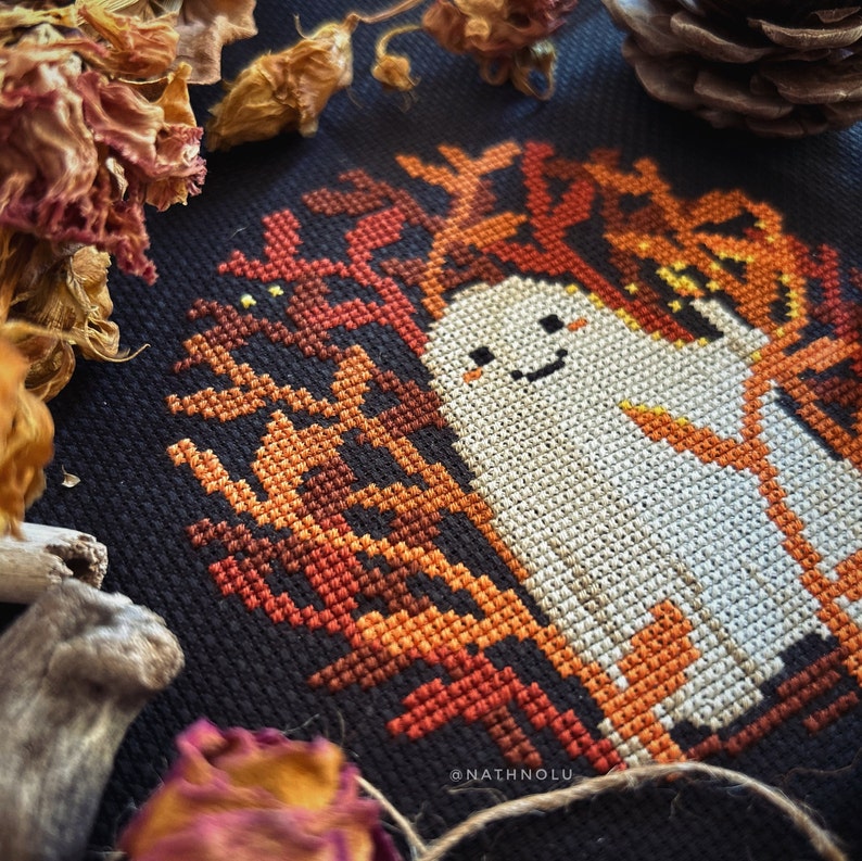 fall cute ghost with a candle in the dark woods - cross stitch pattern for instant download