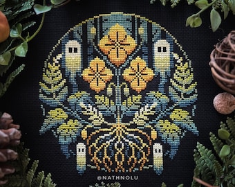 Patrón de punto de cruz "Fantasmas del Bosque Mágico" (PDF), descarga instantánea, bordado gótico de flores amarillas, espíritus florales del bosque, helechos folclóricos de brujas.