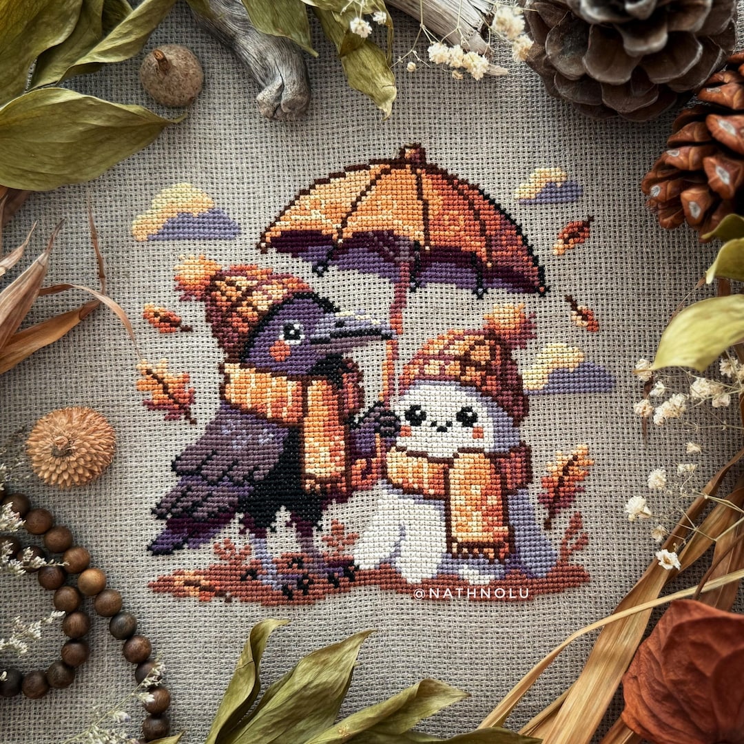 Autumn Raven and Halloween Ghost With Umbrella Cross Stitch Pattern ...