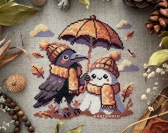 Autumn Raven and Halloween Ghost with Umbrella Cross Stitch Pattern (Digital PDF, Instant Download)