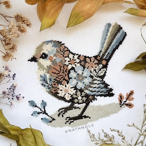 Flower Winter Bird Cross Stitch Pattern PDF - Instant Download, Floral Songbird Embroidery, Cute Woodland Animals, Cozy Birds Theme Ornament