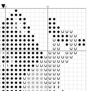 May include: Black and white cross stitch pattern chart with symbols for a design featuring a bird, flowers, and a heart. The chart includes numbers and letters for reference.