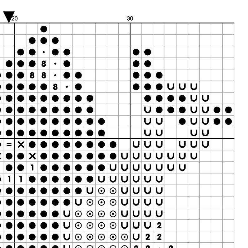 May include: Black and white cross stitch pattern chart with symbols for a design featuring a bird, flowers, and a heart. The chart includes numbers and letters for reference.