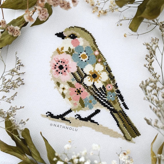 Spring Flower Bird Cross Stitch Pattern PDF - Instant Download, Floral Songbird Embroidery, Cozy Tiny Blooming Birdie, Cute Woodland Animals