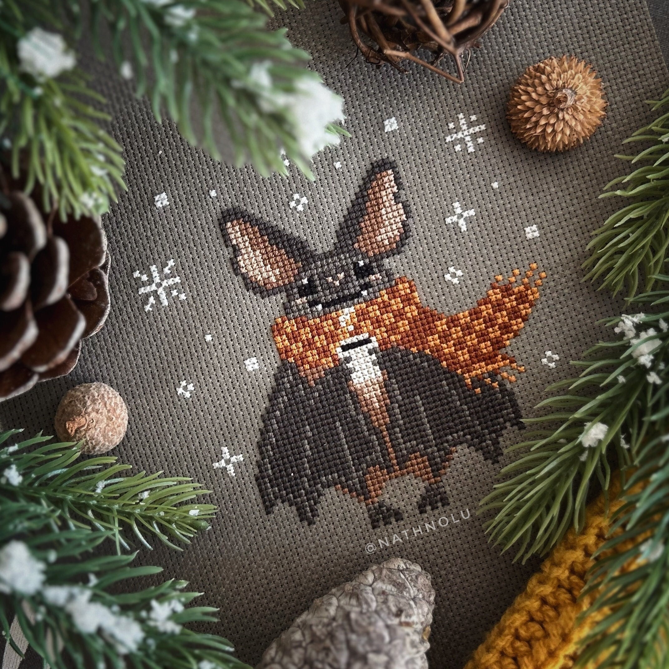 Bat with Scarf and Winter Brew Cross Stitch Pattern - Digital PDF, Gothic Christmas Ornament, Cute Vampire Snowflakes, Witch's Potion Coffee