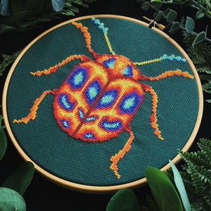 Orange Neon Beetle Cross Stitch Pattern PDF, Colorful Abstract Bug Modern Cross Stitch, Insect Embroidery Design, Nature Cross Stitch Chart