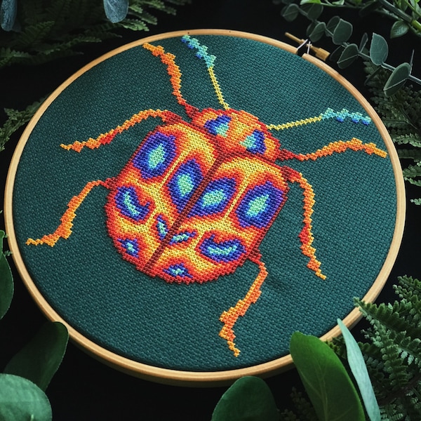 Orange Neon Käfer Kreuzstichmuster PDF, Bunter abstrakter Käfer moderner Kreuzstich, Insekt Stickmuster, Natur Kreuzstichvorlage