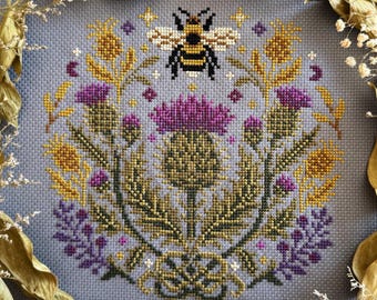 Thistle & Bee Cross Stitch Pattern, Wildflowers and Bumblebee Embroidery, Garden Insect (PDF Digital Download)