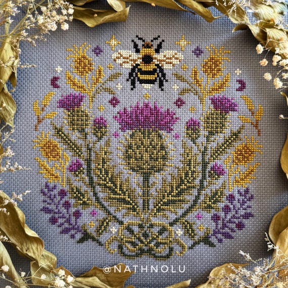 Thistle & Bee Cross Stitch Pattern, Wildflowers and Bumblebee Embroidery, Garden Insect (PDF Digital Download)