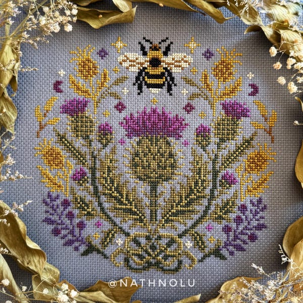 Thistle & Bee Cross Stitch Pattern, Wildflowers and Bumblebee Embroidery, Garden Insect (PDF Digital Download)