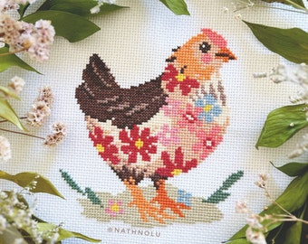 Floral Hen, Spring Chicken Cross Stitch Pattern PDF - Instant Download, Cute Farmhouse Bird, Chick Farm Animals, Cottagecore, Easter Flowers