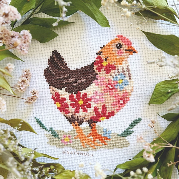 Floral Hen, Spring Chicken Cross Stitch Pattern PDF - Instant Download, Cute Farmhouse Bird, Chick Farm Animals, Cottagecore, Easter Flowers