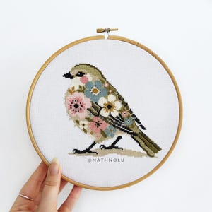 Bird lover embroidery design, featuring a small, blooming bird with spring flowers in a soft cottagecore aesthetic.
