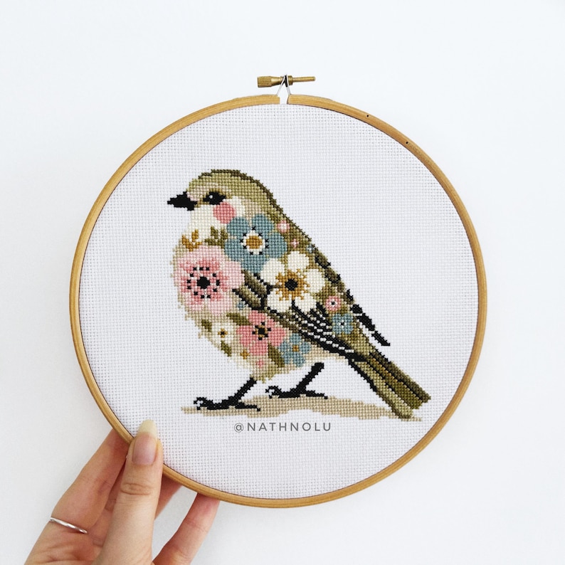 Bird lover embroidery design, featuring a small, blooming bird with spring flowers in a soft cottagecore aesthetic.