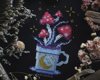 Witch Tea Cup Cross Stitch Pattern PDF - Instant Download, Witches Brew Coffee Mug, Magic Potion, Gothic, Moon, Mushrooms, Octopus Tentacles