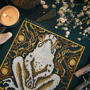 Spooky toad cross stitch pattern for dark and enchanting decor