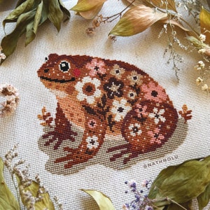 Fall Toad Autumn Frog Cross Stitch Pattern PDF - Instant Download, Cozy Floral Froggy, Cute Animals Embroidery, Goblincore, Whimsical, Swamp