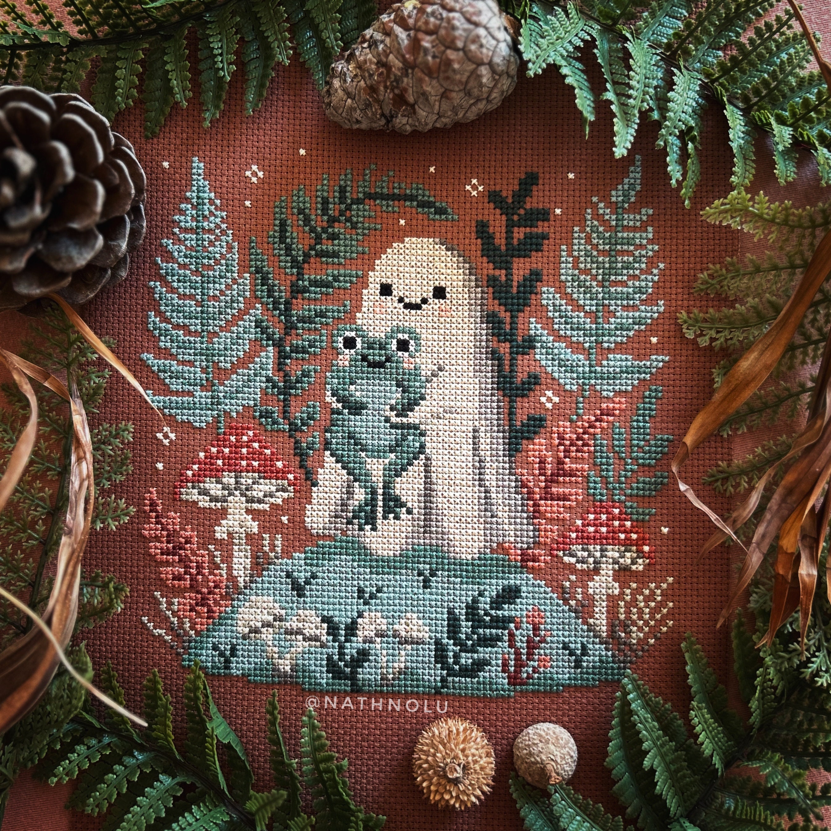Ghost and Tiny Frog Cross Stitch Pattern PDF - Instant Download, Halloween Spirit, Toad, Mushrooms, Spooky, Autumn Magic Forest, Fall, Ferns