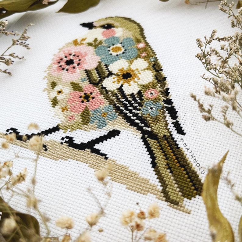 Cottagecore bird cross stitch pattern, designed with soft muted colors and intricate floral elements for a warm, rustic feel