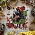 Knitting Raven Cross Stitch Pattern PDF - Instant Download, Witchcraft Crow Embroidery Design, Cute Gothic Black Bird, Cozy Nest, Yarn, Sock