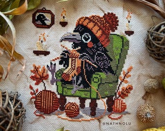 Knitting Raven Cross Stitch Pattern PDF - Instant Download, Witchcraft Crow Embroidery Design, Cute Gothic Black Bird, Cozy Nest, Yarn, Sock