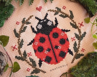 Lindo Padrão de Ponto Cruz LadyBug PDF, Download Instantâneo, Joaninha, Besouro Rosa Amor, Inseto Floral, Escaravelho Vermelho, Entomologia Cottagecore