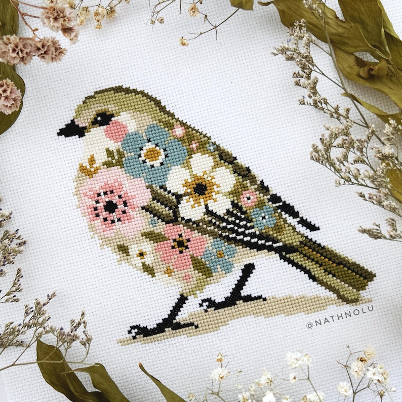 Floral songbird embroidery design featuring a cute blooming birdie, ideal for spring cross stitch projects