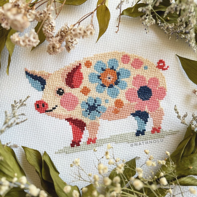 Flower Pig Cross Stitch on Etsy
