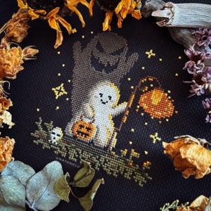Ghost Shadow Cross Stitch Pattern PDF - Instant Download, Spooky Season, Halloween Decor, Pumpkin, Witch, Fall, Gothic Horror Gift, Skeleton