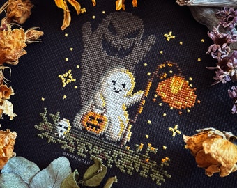 Ghost Shadow Cross Stitch Pattern PDF - Instant Download, Spooky Season, Halloween Decor, Pumpkin, Witch, Fall, Gothic Horror Gift, Skeleton