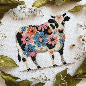 Blossom Black and White Cow Cross Stitch Pattern PDF - Instant Download, Cute Farm Animals with Flowers, Floral Cattle, Moo, Farmhouse Decor
