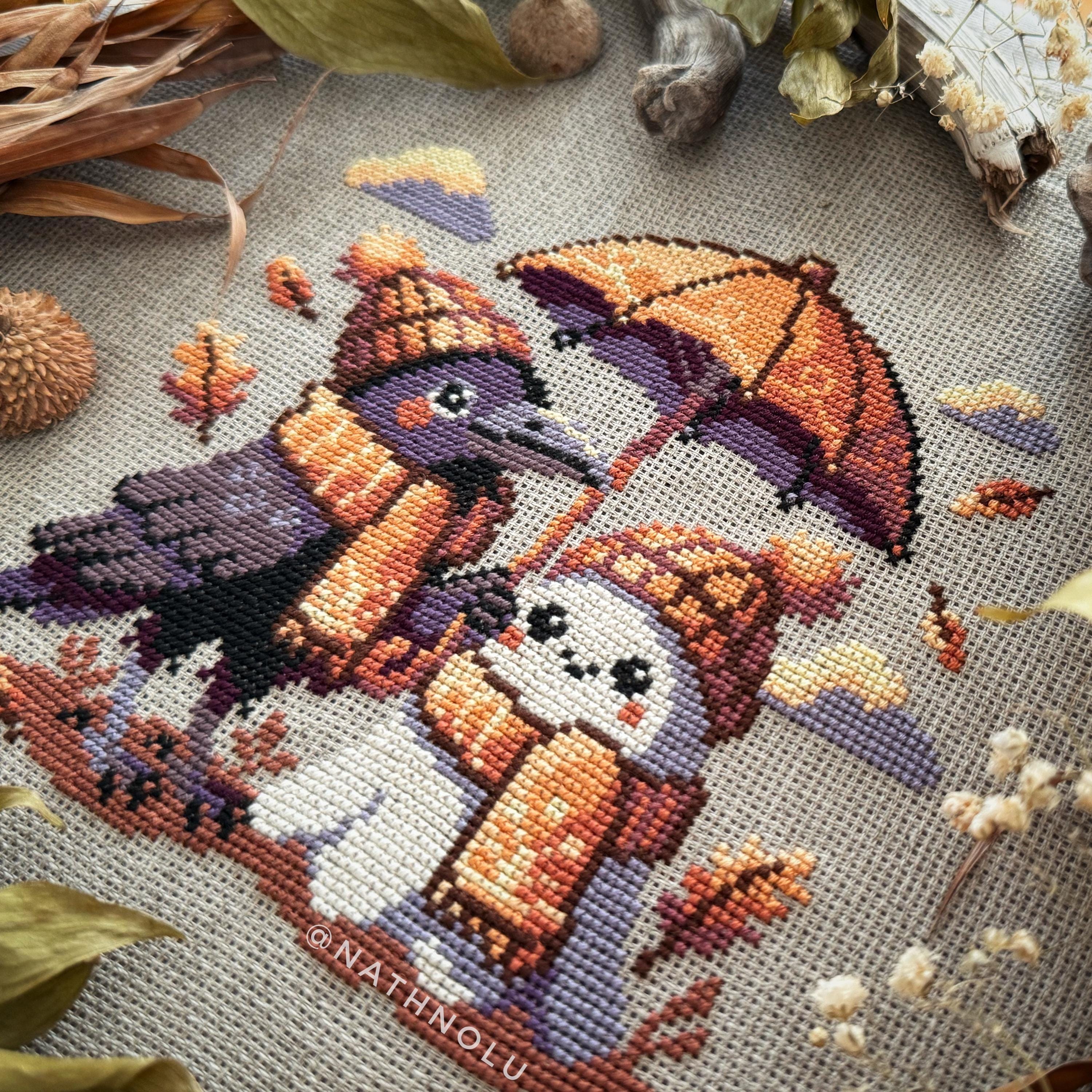 Autumn Raven and Halloween Ghost With Umbrella Cross Stitch Pattern ...