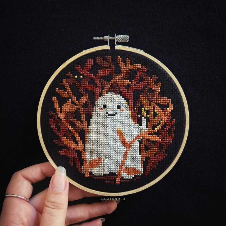 Gothic autumn cross stitch with a unique and enchanting style - cute ghost in autumn forest