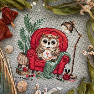 Uil kruissteekpatroon pdf naaien - direct downloaden, schattige Crafter vogel borduurontwerp, gezellig adelaarsnest met naalddraden