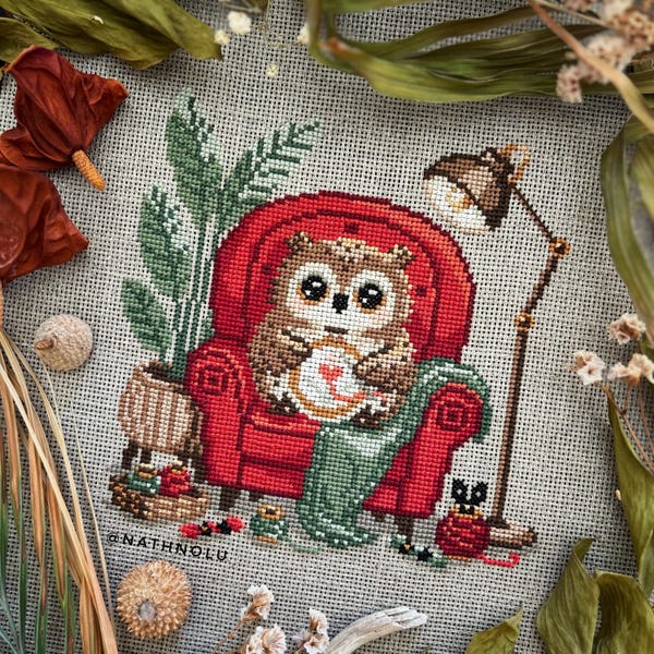 Stitching Owl Cross Stitch Pattern PDF - Instant Download, Cute Crafter Bird Embroidery Design, Cozy Eagle Owl Nest with Hoop Needle Threads