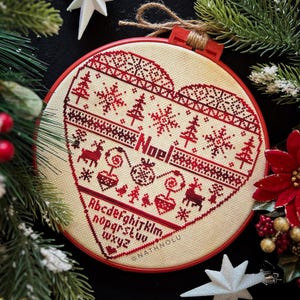 Christmas Sampler Cross Stitch Pattern PDF - Instant Download - Primitive Monochrome Noel Quaker, Winter Heart Ornaments, Festive Embroidery