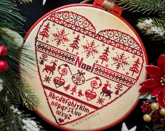 Schema punto croce di Natale in PDF - Download immediato - Noel Quaker monocromatico primitivo, ornamenti a forma di cuore invernale, ricamo festivo