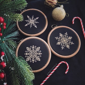Set of 3 Gold Snowflakes Cross Stitch Pattern PDF, Christmas Ornaments Cross Stitch Pattern, Snowflakes Embroidery Pattern, Instant Download